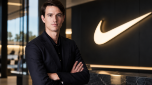 Retrato editorial de ejecutivo frente a un espacio corporativo de Nike