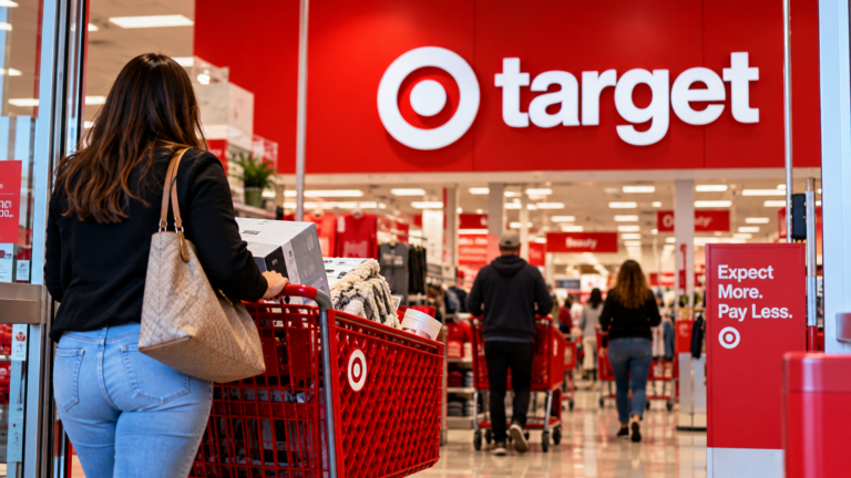 Clienta con carrito de compras entrando a una tienda Target