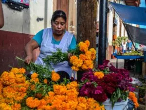 Compras de Día de Muertos con pan tradicional, flores de cempasúchil, veladoras y decoraciones disponibles en un negocio mexicano.