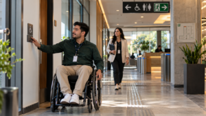 Placas y señalamientos mexicanos en espacios laborales accesibles