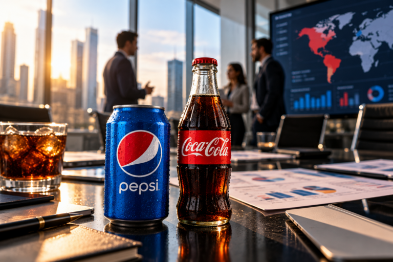 Lata de Pepsi y botella de Coca-Cola sobre una mesa de juntas con ejecutivos y gráficas financieras al fondo