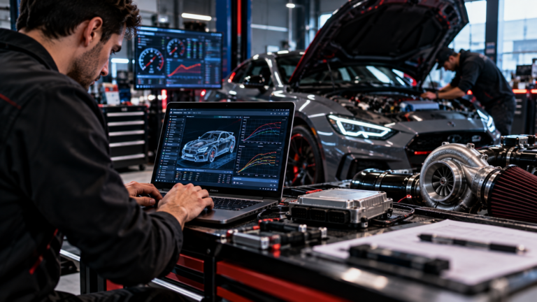Técnico utiliza una laptop para analizar datos de un automóvil en un taller de alto desempeño